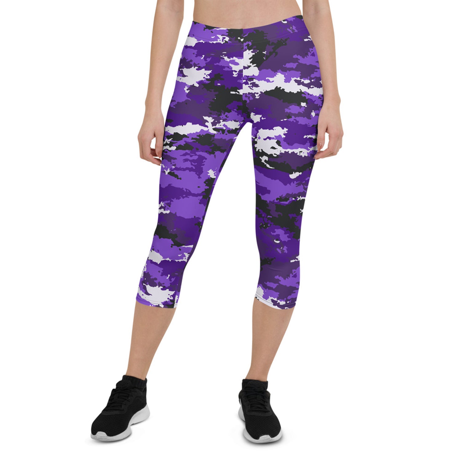 Purple camo Maroon Sooty activewear capri leggings with a fitted design and elastic waistband, suitable for workouts and casual wear.