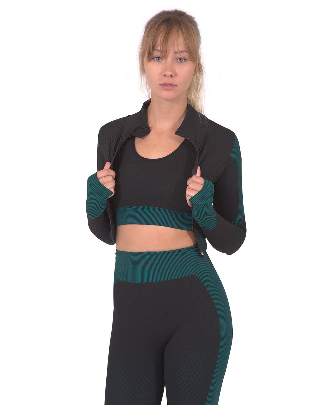 Lazurite Trois seamless sports jacket in black with blue accents, designed for activewear and athletic workouts.