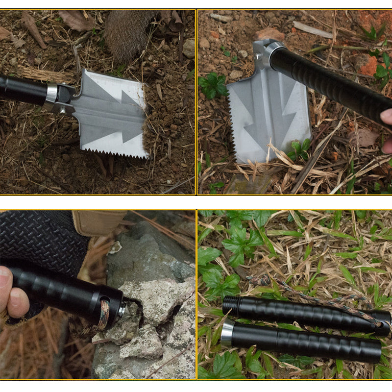 Teal Simba multifunctional folding survival shovel with handle and blade, suitable for outdoor camping and emergency use.