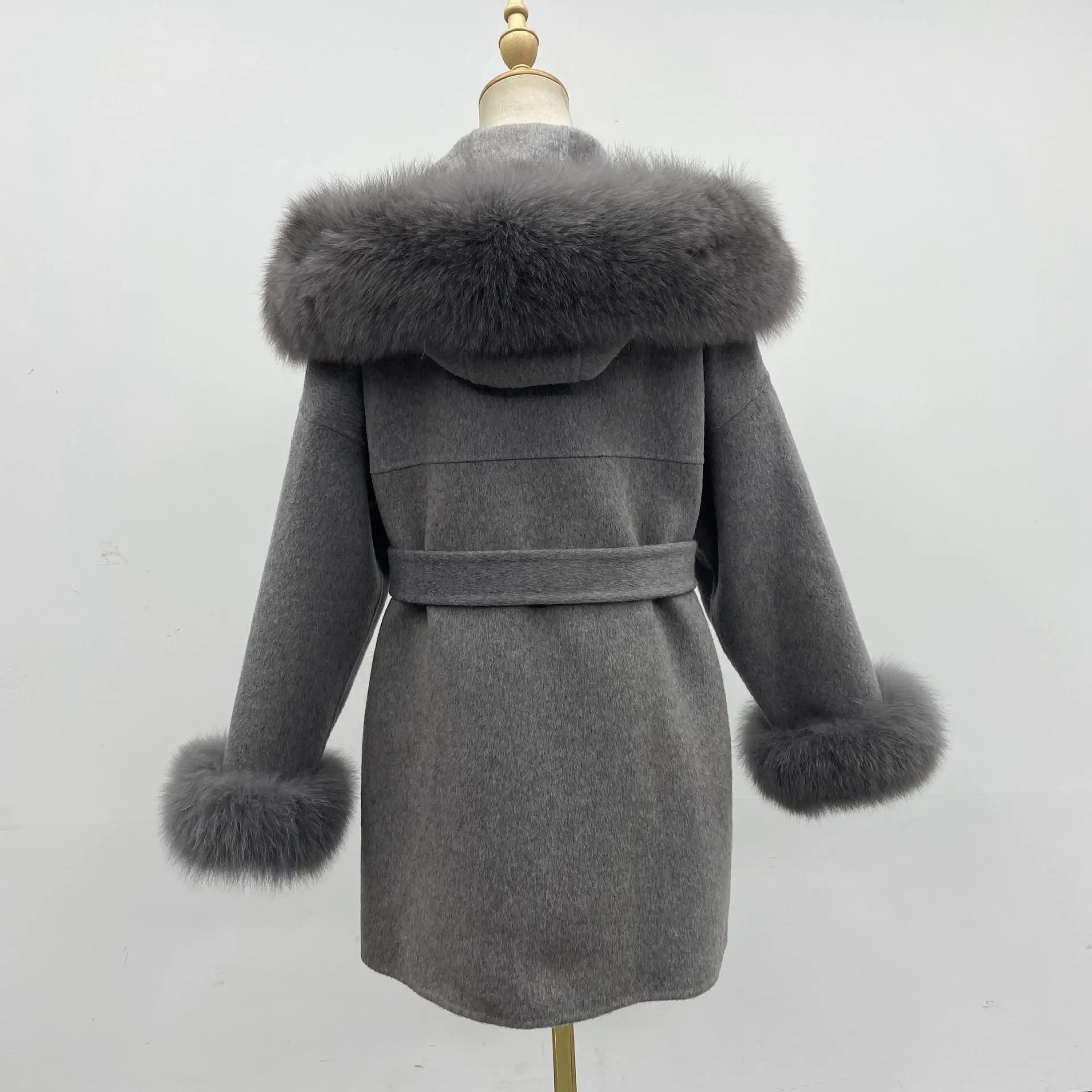 Carmine Juneberry oversized wool coat with hood, double-sided design, and plush fur collar, perfect for luxurious warmth and style.