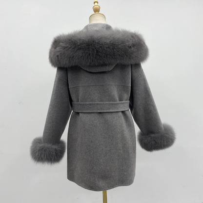 Carmine Juneberry oversized wool coat with hood, double-sided design, and plush fur collar, perfect for luxurious warmth and style.