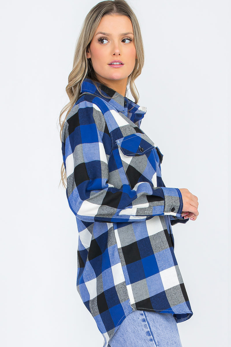Lime Milo oversized boyfriend plaid checkered flannel top with a relaxed fit, featuring classic red and black tartan pattern.