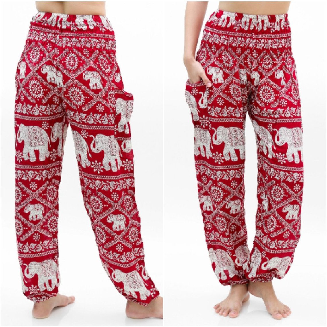 Burgundy Elephant patterned boho pants for women by Tan Smokey, featuring a relaxed fit, hippie style, perfect for yoga or casual wear.