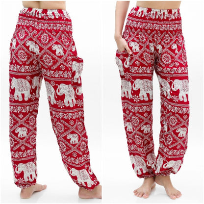 Burgundy Elephant patterned boho pants for women by Tan Smokey, featuring a relaxed fit, hippie style, perfect for yoga or casual wear.