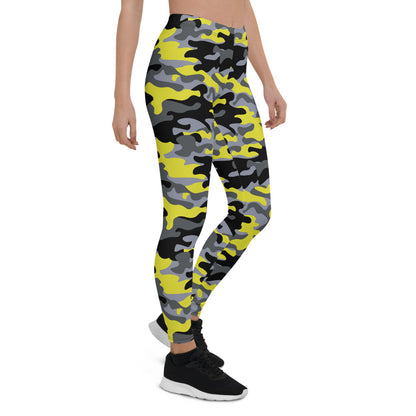 Yellow and gray camo leggings for women from Maroon Sooty, stylish activewear with a bold camo pattern and comfortable fit.