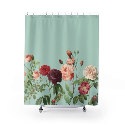 Yellow Pandora rose garden teal shower curtain featuring a floral design for bathroom decor.