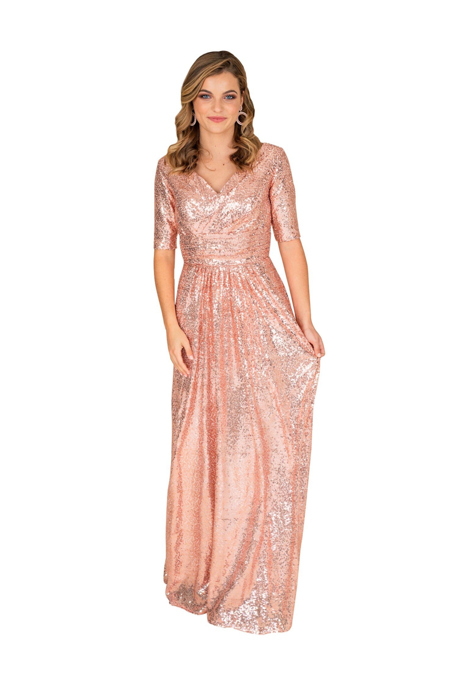 Gray Eos sequin fit and flare gown, elegant dress with shimmering sequins and a flattering silhouette, suitable for formal occasions.