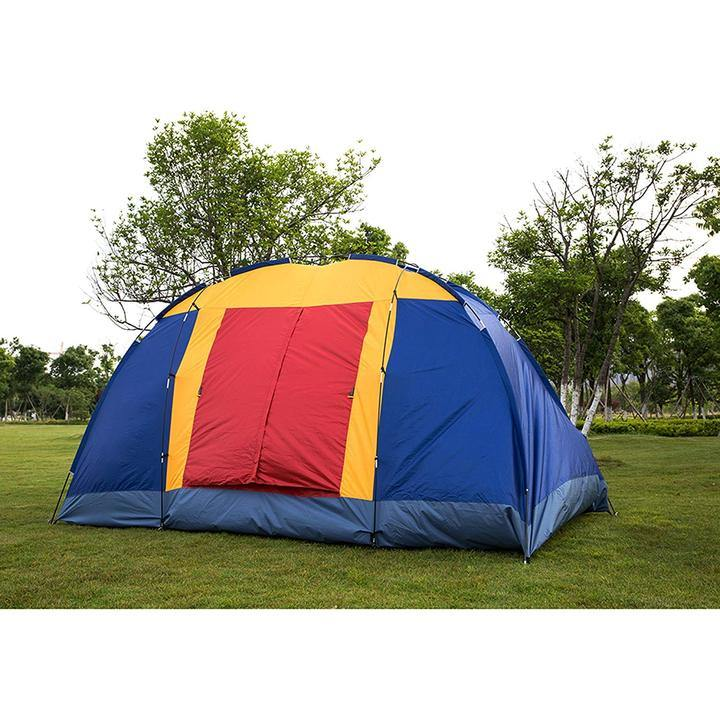 Lilac Milo outdoor 8-person camping tent set up in nature, showcasing spacious waterproof camping shelter for outdoor adventures.