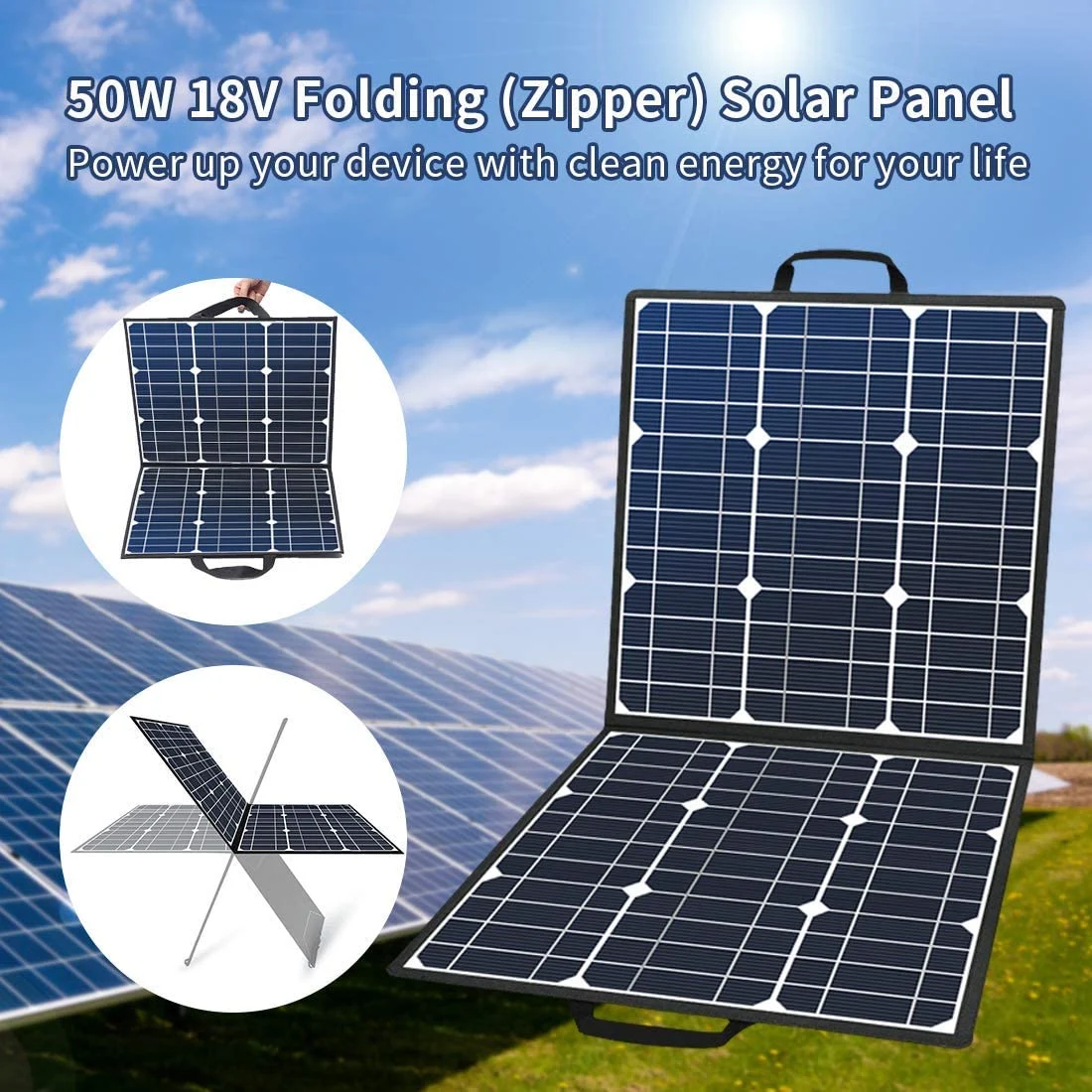 Foldable 50W 18V Lilac Milo portable solar panel for outdoor use, showing its compact design and multiple foldable sections.