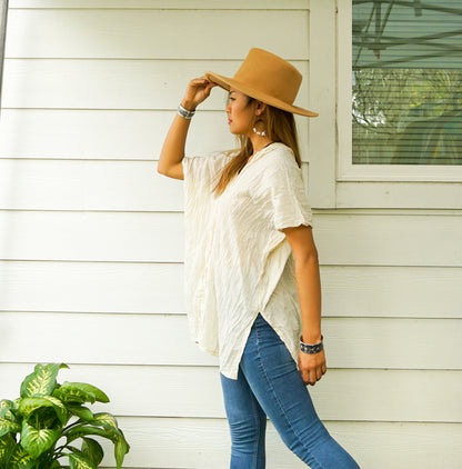 Tan Smokey raw crinkled cotton gauze blouse, casual tops and blouses, featuring relaxed fit and breathable fabric.