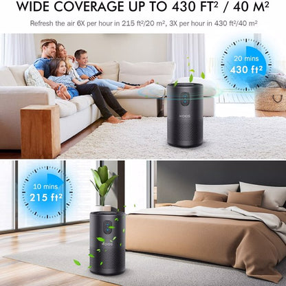 Teal Simba KOIOS air purifier with H13 HEPA filter for bedroom, showing sleek design and control panel for home air cleaning.
