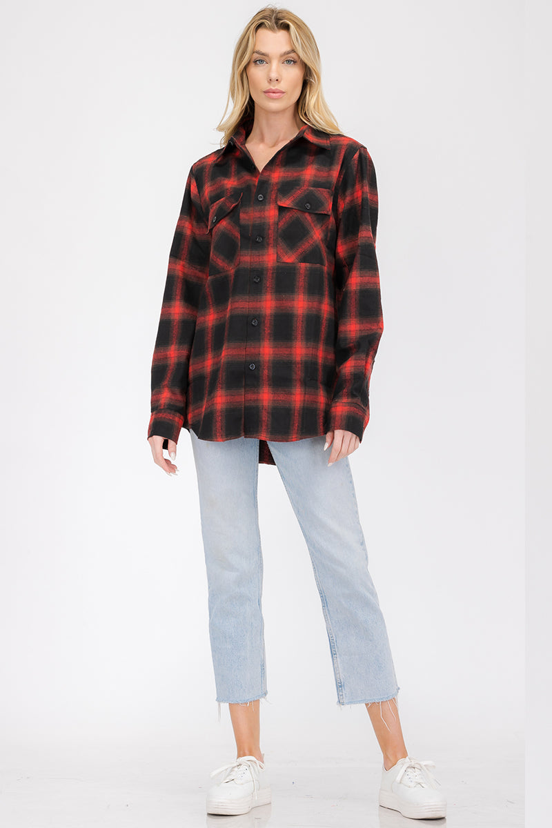 Lime Milo oversized boyfriend plaid checkered flannel top in classic red and black, casual and cozy for layered fall style