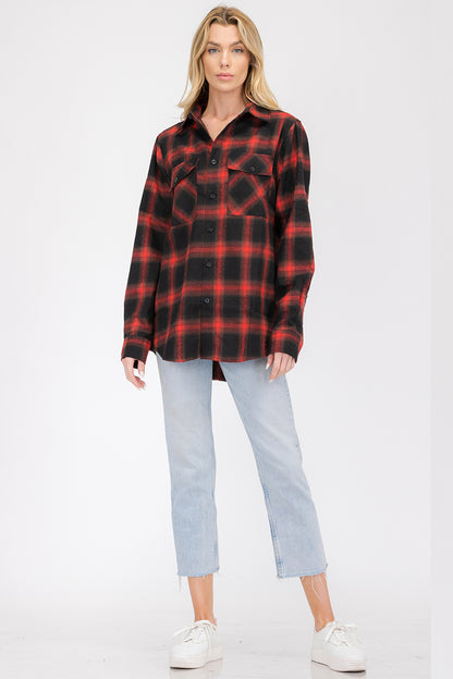 Lime Milo oversized boyfriend plaid checkered flannel top in classic red and black, casual and cozy for layered fall style