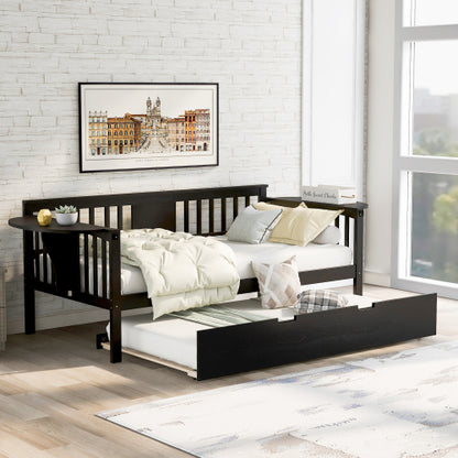 Twin wooden daybed with trundle, Teal Simba furniture, showing the bed frame, mattress, and trundle drawer in a bedroom setting.