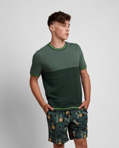 Violet Castor crew neck multicolored short sleeve knit T-shirt with top stripe pattern, showing vibrant stripes and casual fit.