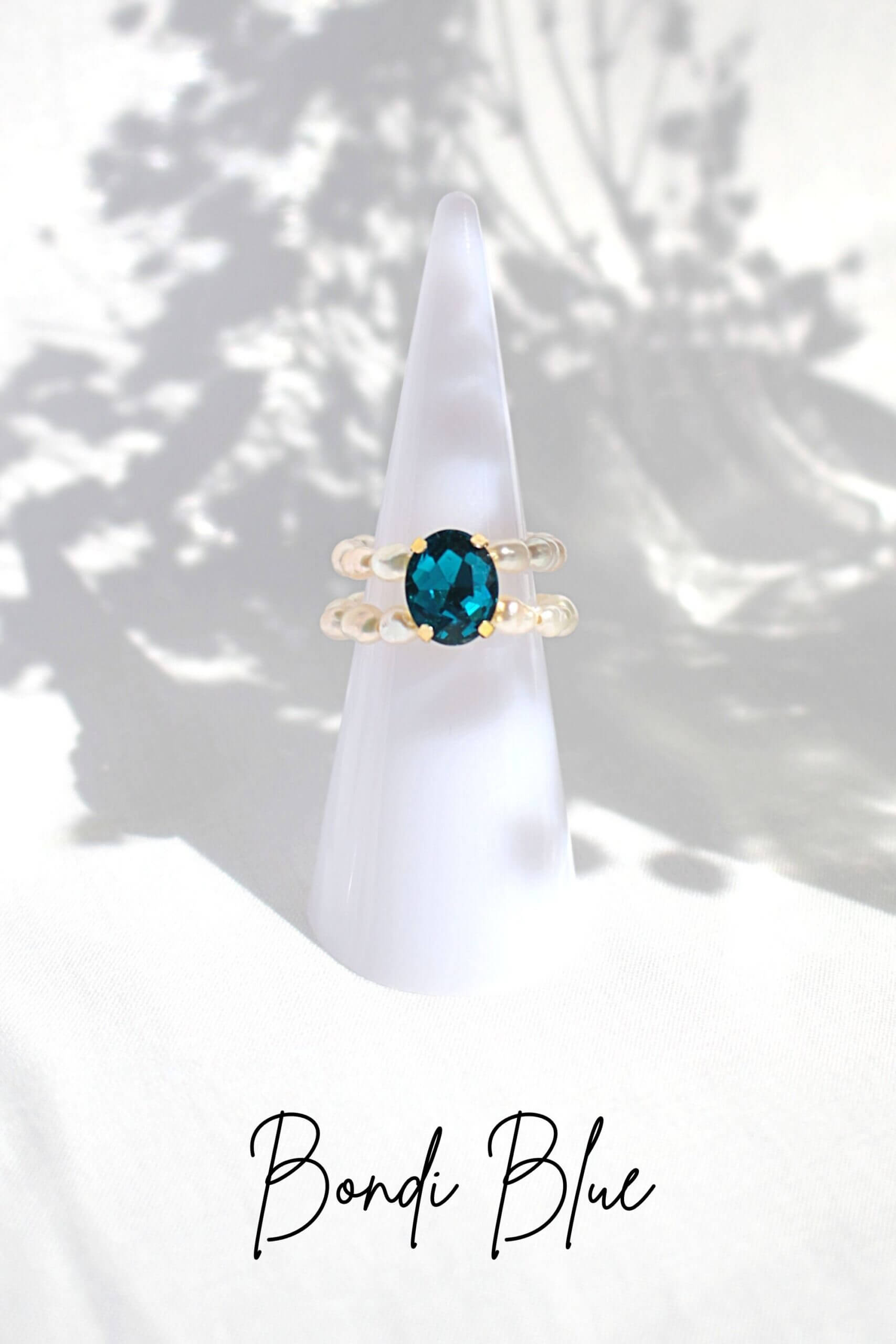 Ultramarine Birch 3 shades blue CZ freshwater pearl rings, featuring elegant design with sparkling stones and classic pearl accents.