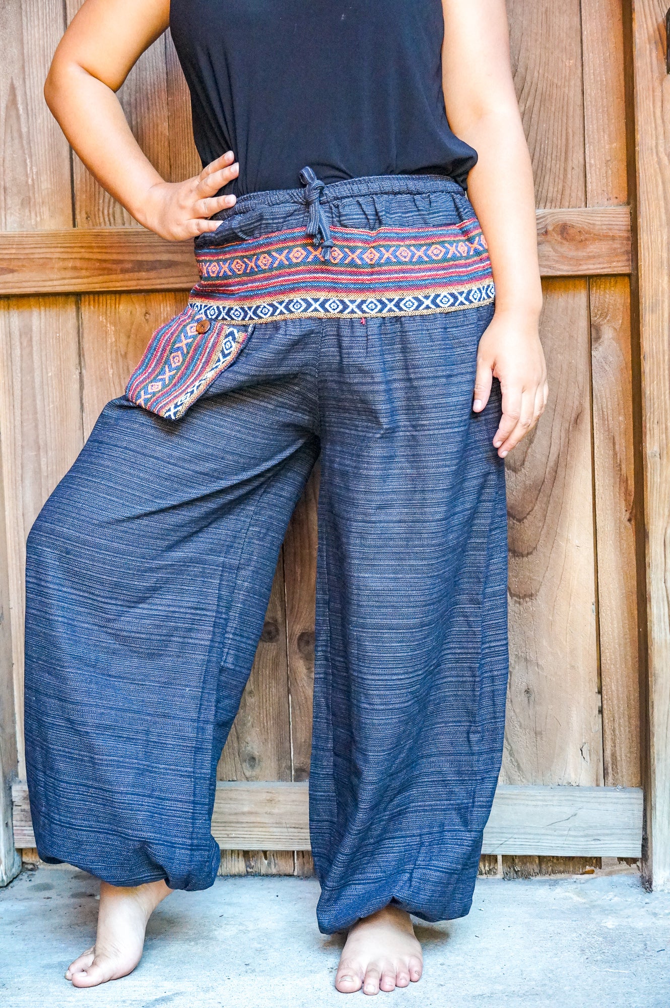 Tan Smokey cotton women’s tribal boho pants with a relaxed fit and earthy tribal patterns, perfect for hippie style.