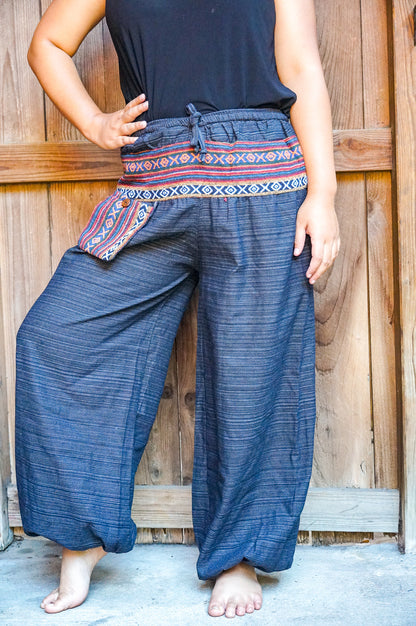 Tan Smokey cotton women’s tribal boho pants with a relaxed fit and earthy tribal patterns, perfect for hippie style.
