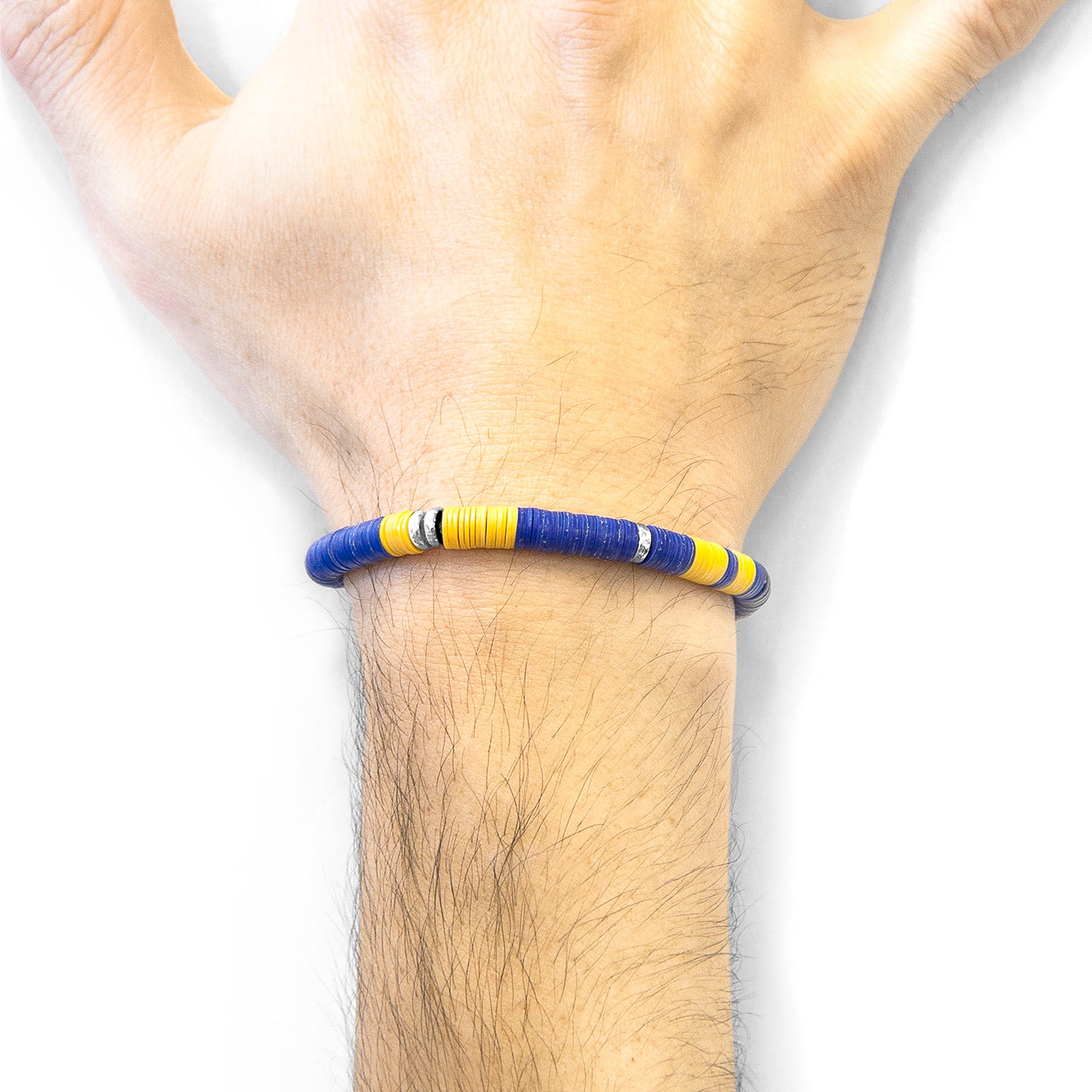 Blue Malawi Silver and Vinyl Disc Bracelet by Magenta Sooty, featuring silver and vinyl disc design on a stylish bracelet.