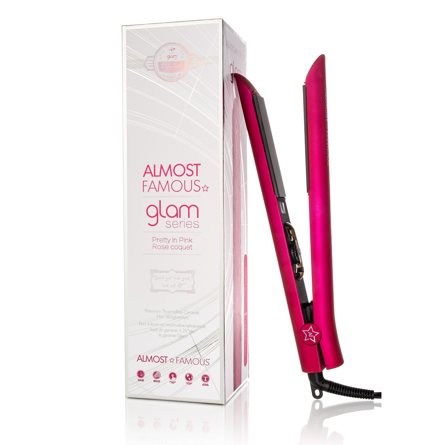 Sky Blue Thrace Almost Famous 1.25-inch Glam Series flat iron with luxe gem-infused plates for smooth, shiny hair styling.