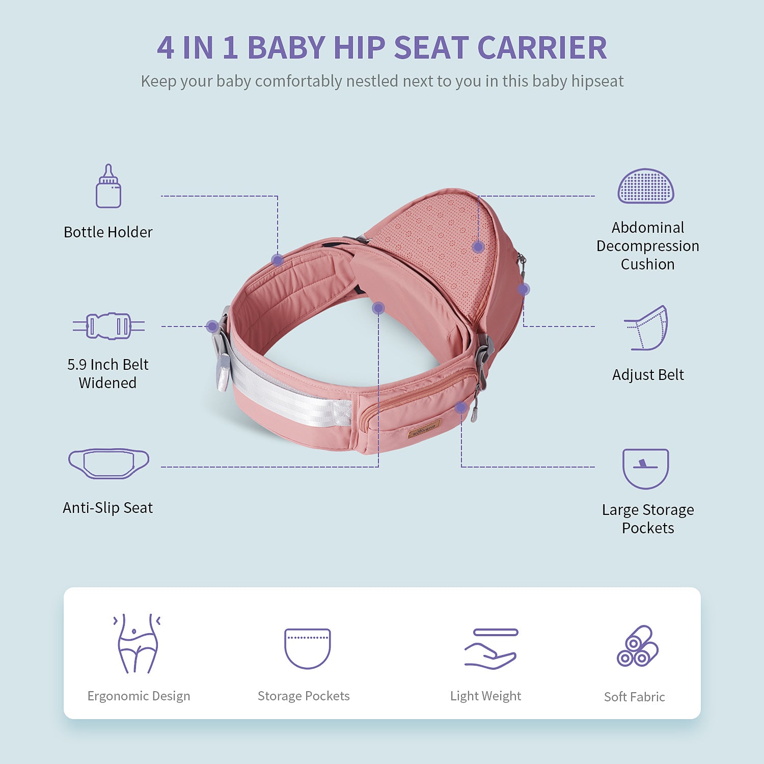 Maroon Chronos baby hipseat carrier with adjustable straps and padded support, designed for comfortable parent-child wearing.