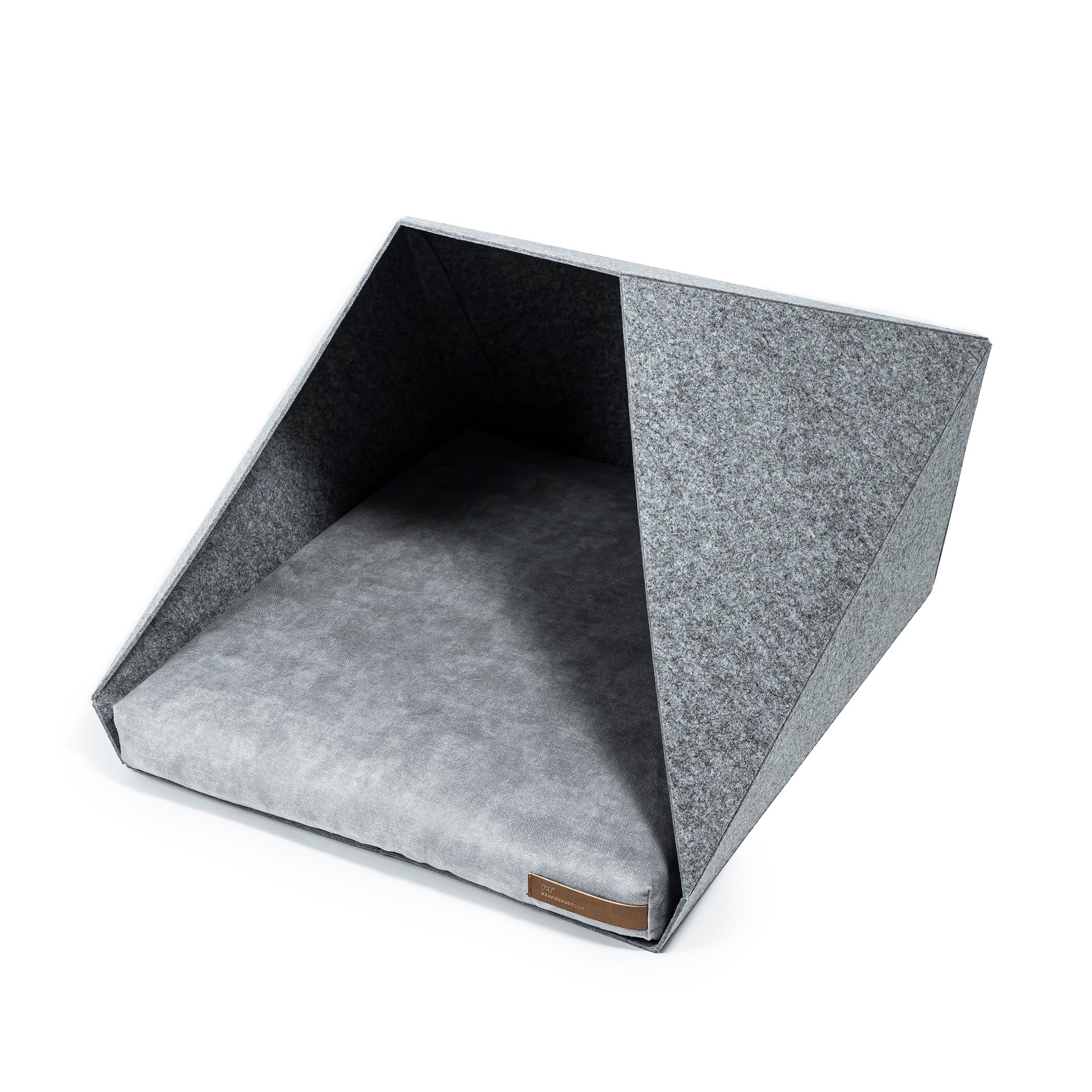 Light gray Rexproduct PetPocket dog kennel in size M by Brown Poppy, showing the soft fabric and rounded edges for pets.
