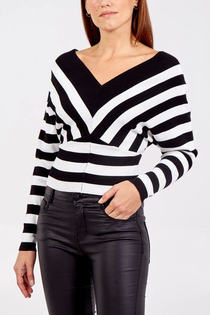 Azure Theseus V-neck stripe knitted jumper, stylish tops &amp; blouses with a cozy knit fabric and classic stripe pattern.
