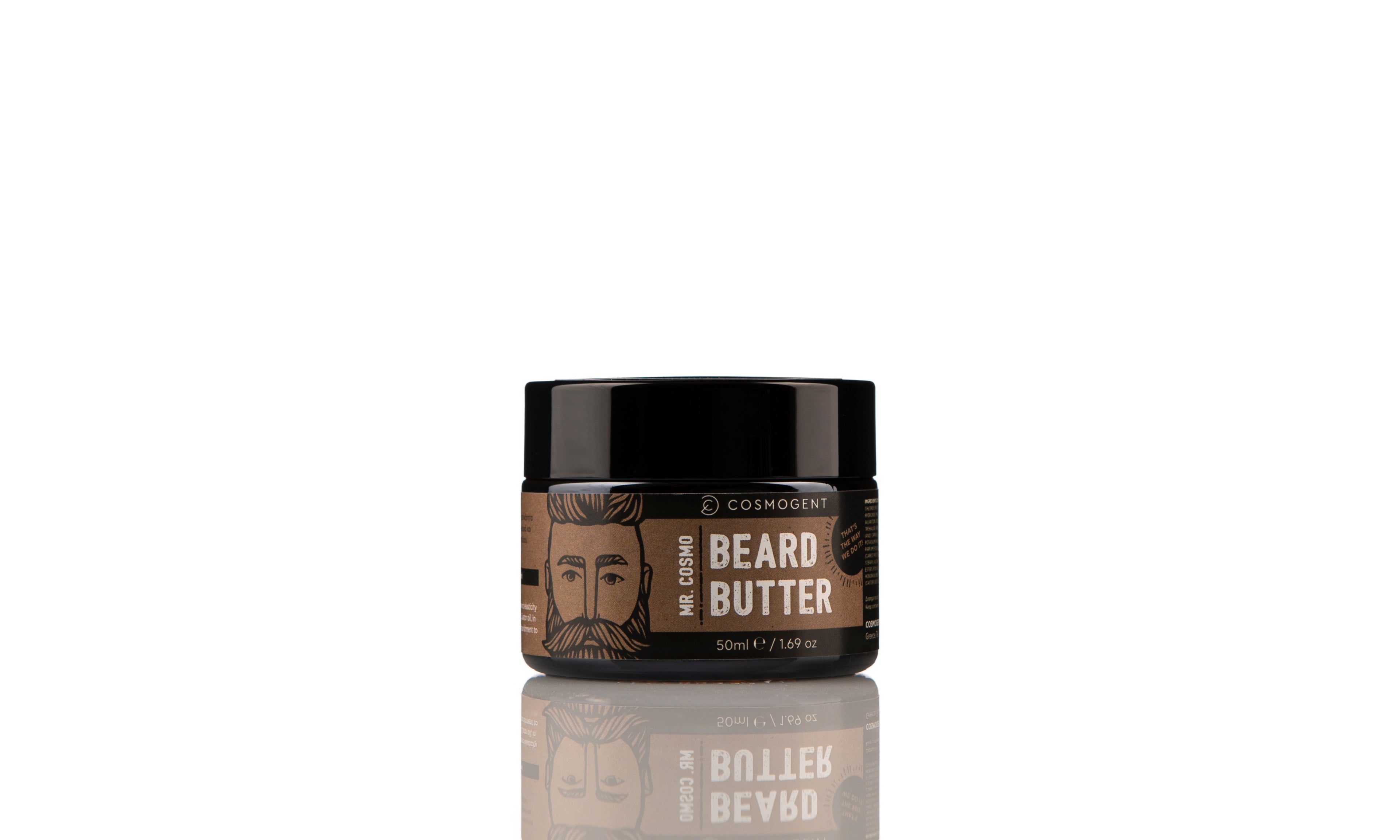 Taupe Perses Mr. Cosmo Beard Butter in a 50ml jar, featuring a creamy texture suitable for nourishing and conditioning beards.