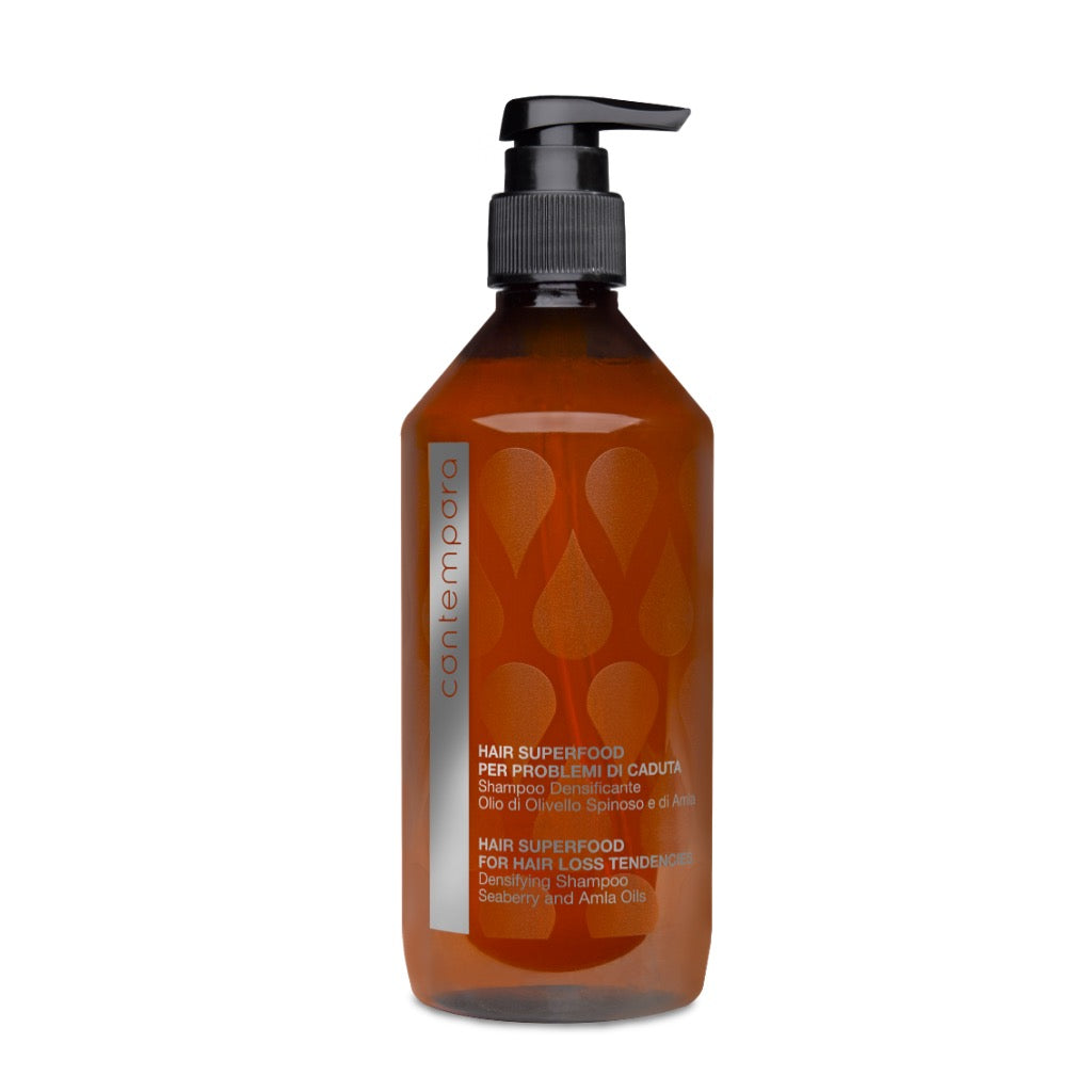 Pink Misty Contempora Hair Superfood Densifying Shampoo bottle, 500ml, with a sleek label and clear product branding.