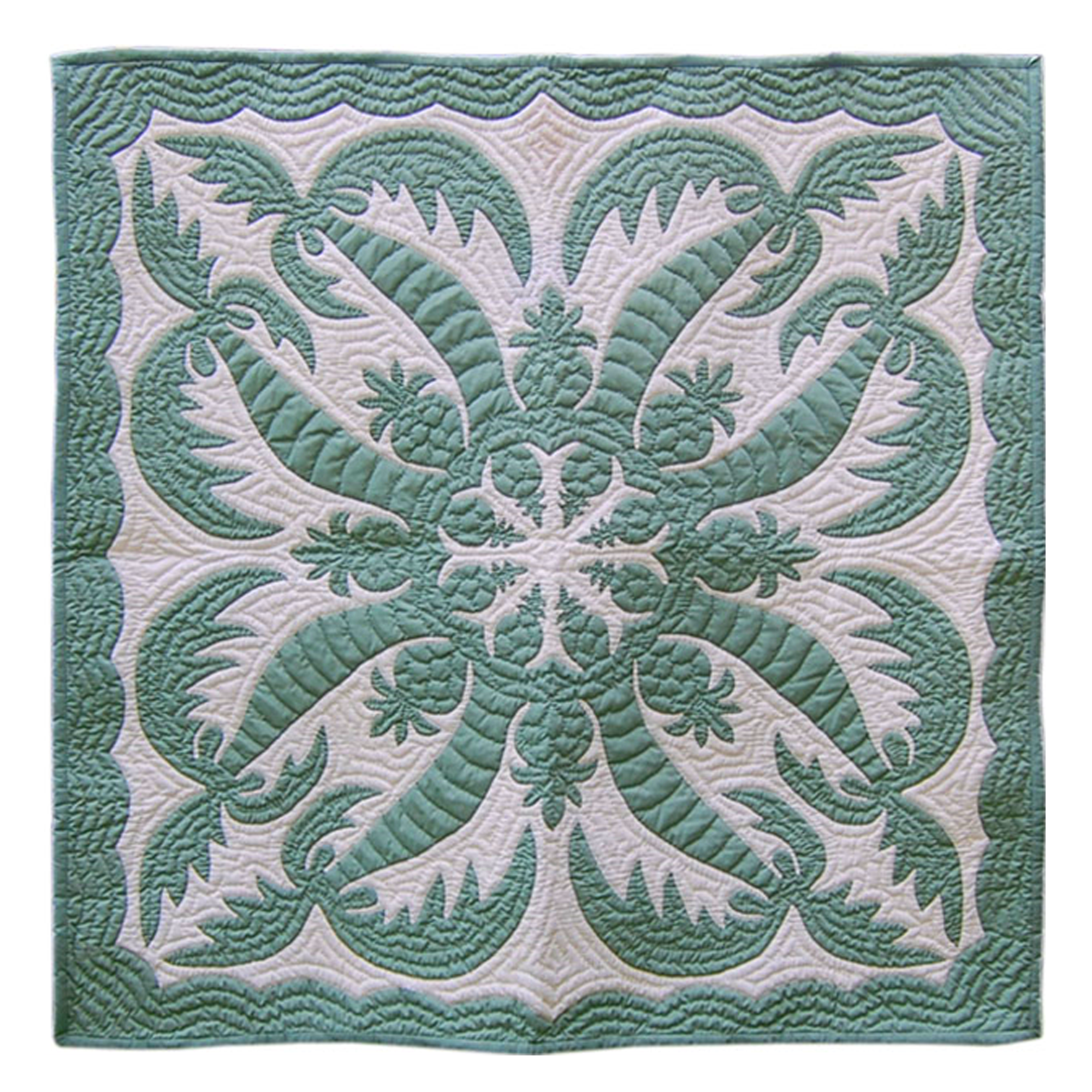Seafoam green Hawaiian quilt wall hanging by Chocolate Vanilla featuring a Cocopine design, perfect for tropical home decor.