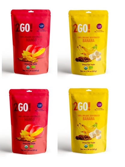 Maroon Hades 2GO! Organic dried fruit variety pack featuring assorted dried fruit pieces on a white background.