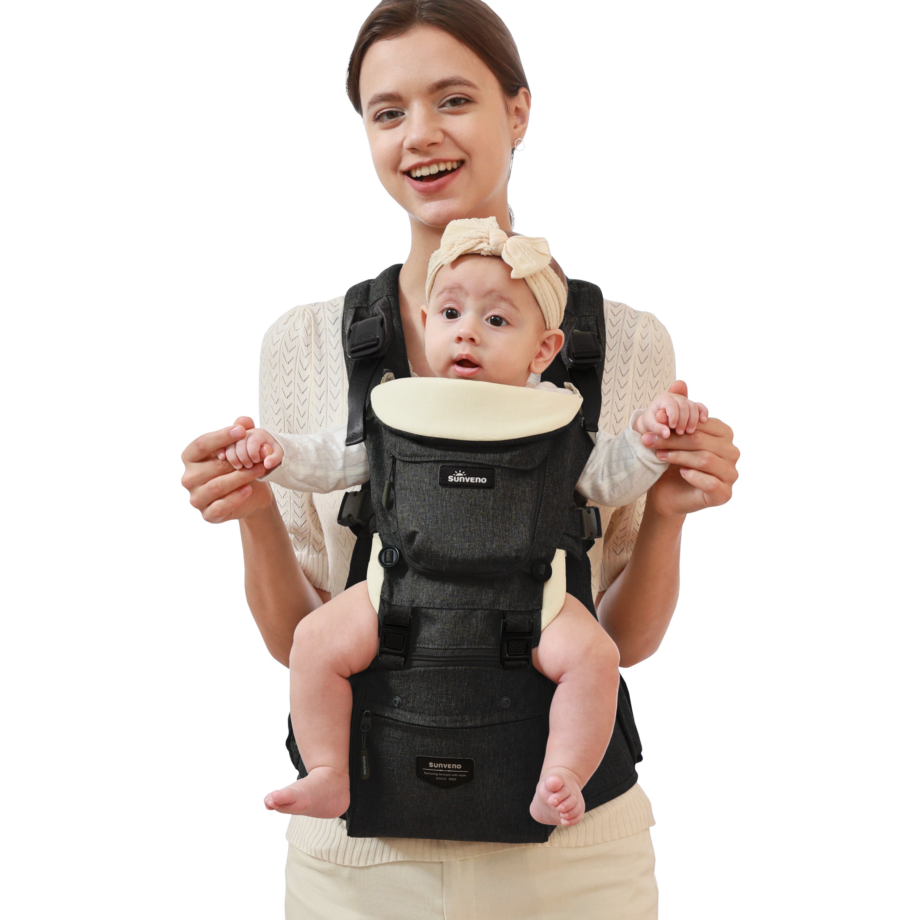 Maroon Chronos ergonomic 3-in-1 baby carrier and hipsuit showing adjustable straps, padded seat, and baby securely held inside