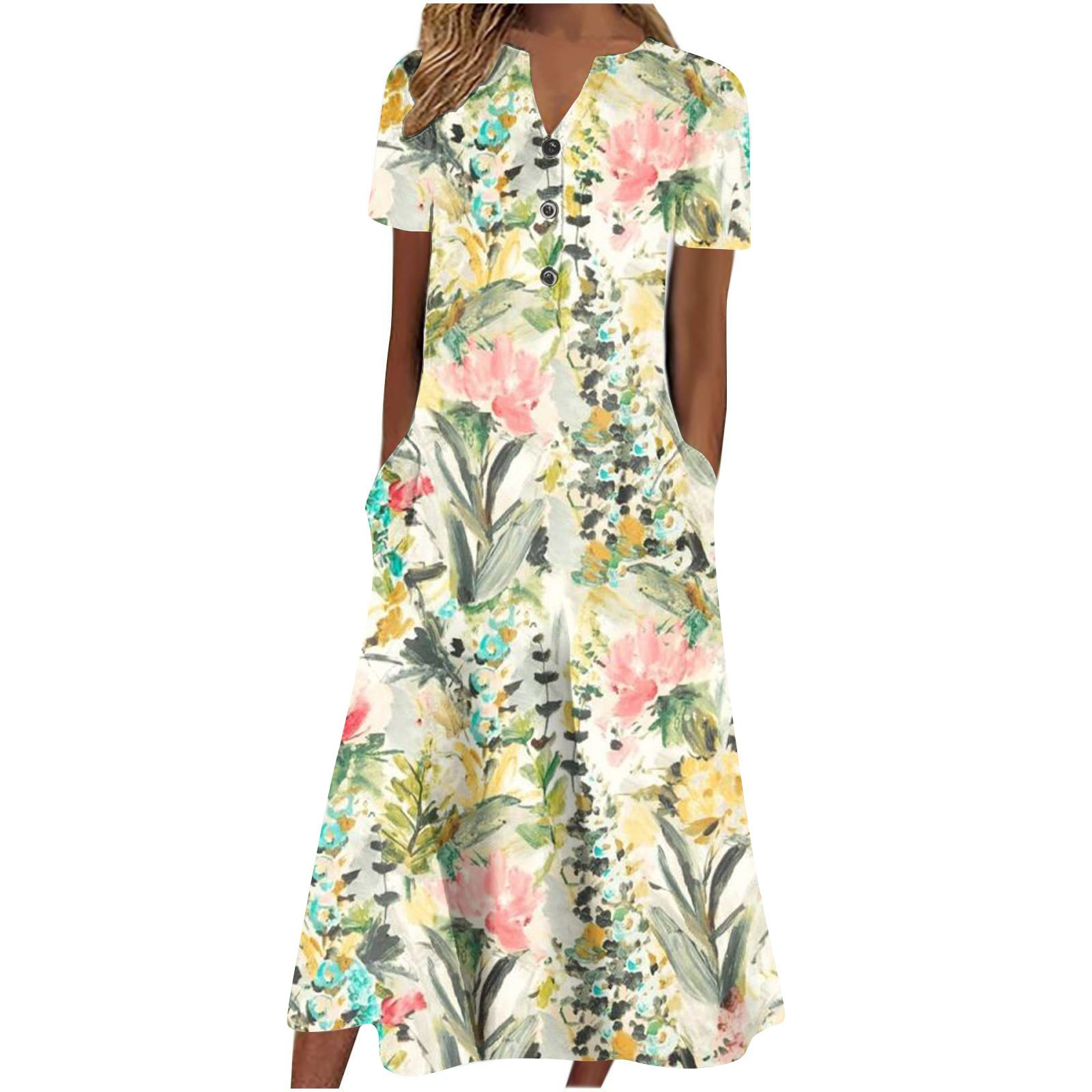 Light beige women’s summer midi dress by Carmine Juneberry featuring casual style, pockets, and a comfortable, breezy fit.