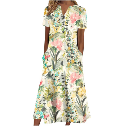 Light beige women’s summer midi dress by Carmine Juneberry featuring casual style, pockets, and a comfortable, breezy fit.