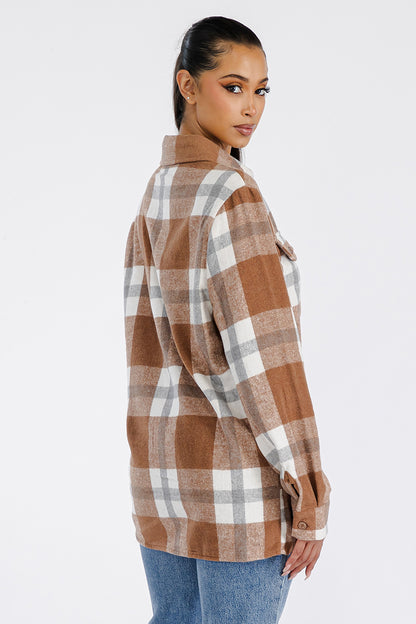Lime Milo Boyfriend Oversized Soft Flannel Shacket in a cozy, plaid design, perfect for layering and casual wear.