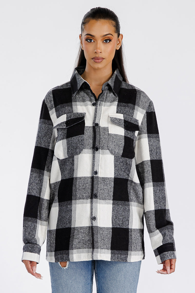 Lime Milo Boyfriend Oversized Soft Flannel Shacket, cozy casual jacket with plaid pattern, long sleeves, and relaxed fit.