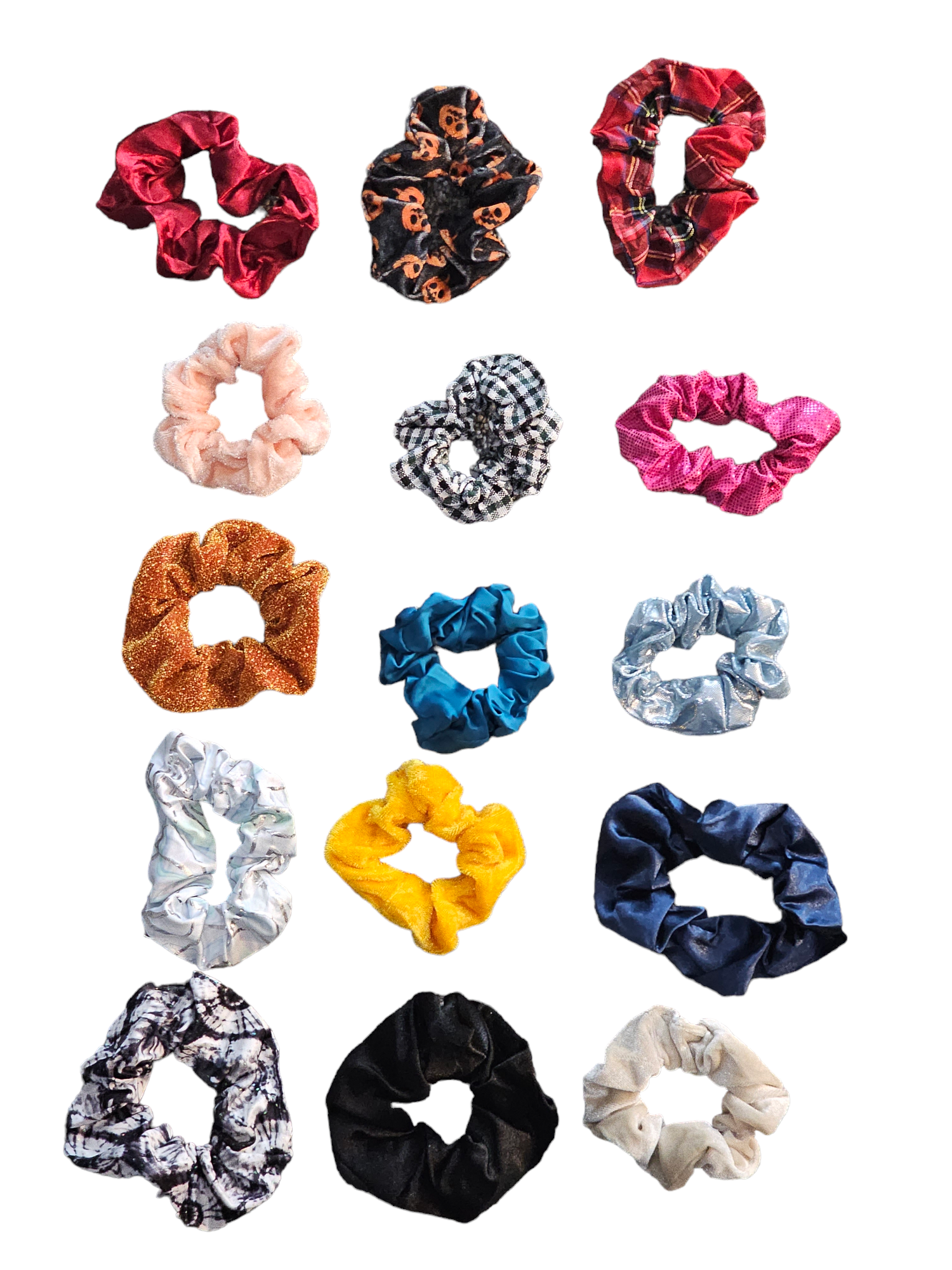 Assorted designer hair scrunchies in trendy patterns, Sky Pandion 15-pack, colorful accessories for styling hair.
