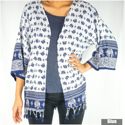 Tan Smokey Elephant Tribal Boho Kimono Cover Up sweater with elephant and tribal patterns, worn as a stylish outer layer.