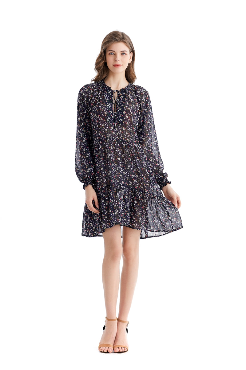 Teal Simba chiffon dress with loose waist and printed design, elegant and flowing for a stylish, temperament look.