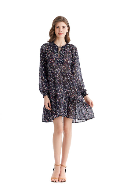 Teal Simba chiffon dress with loose waist and printed design, elegant and flowing for a stylish, temperament look.