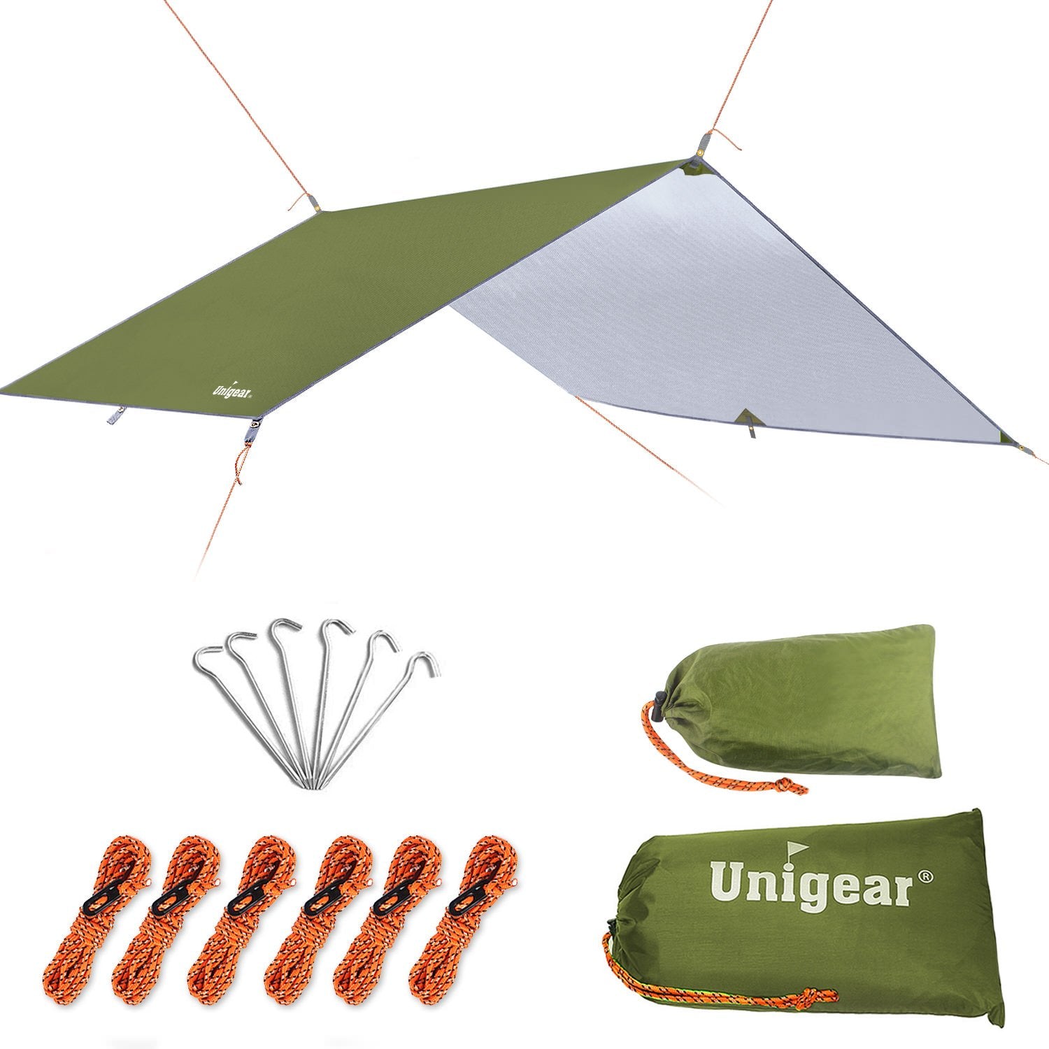 Rainproof camping tarp shelter by Indigo Eurybia, set up outdoors for weather protection during outdoor adventures.