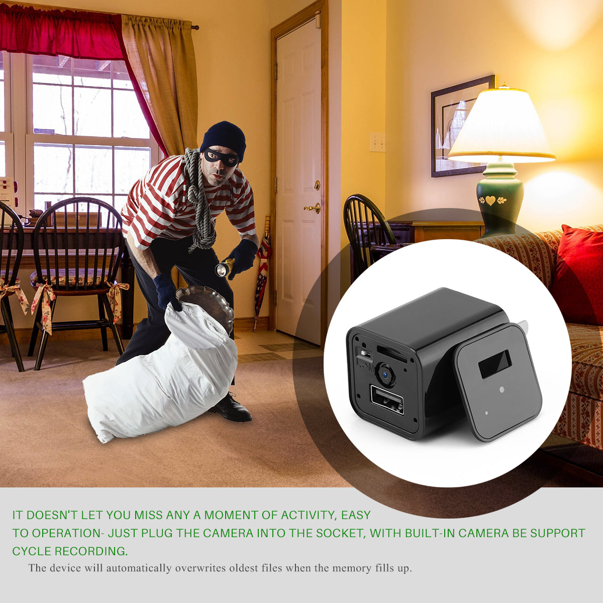 Teal Simba HD 1080P hidden USB charger camera for home security, showing a sleek black device with a USB port and camera lens.