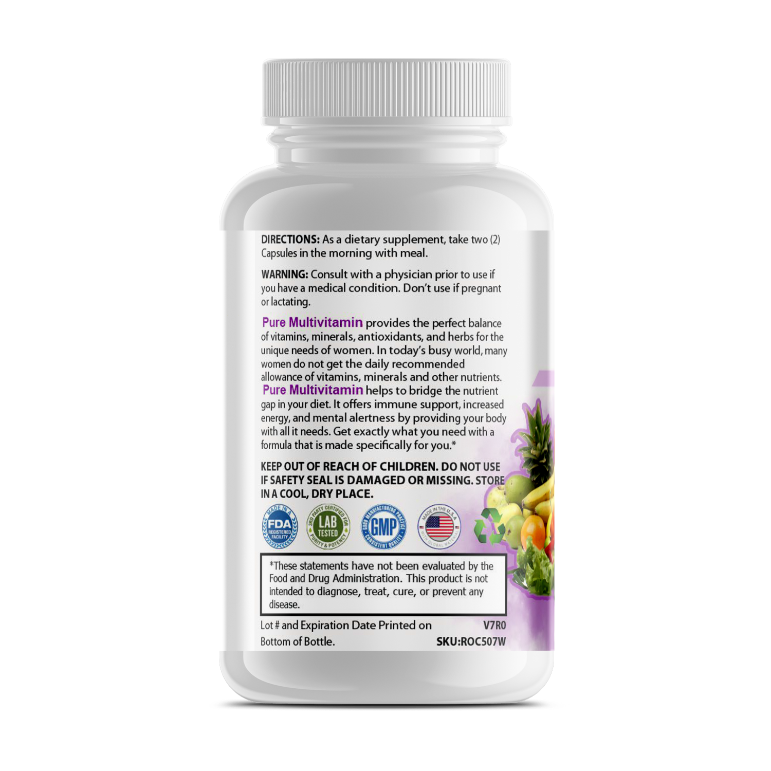 Bottle of Erin Chaos Pure Multi-Vitamins for Women with label showing colorful design and supplement details.