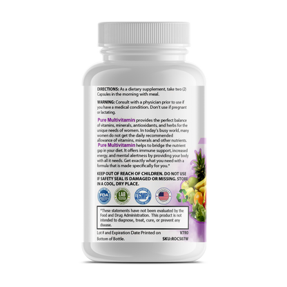 Bottle of Erin Chaos Pure Multi-Vitamins for Women with label showing colorful design and supplement details.