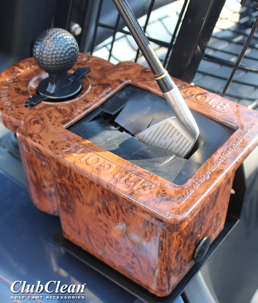 Emerald Coco Club Clean golf club and ball cleaning unit with brushes and cleaning surface for golf accessories.
