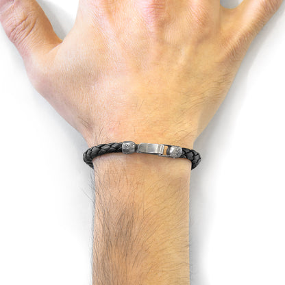 Midnight black Skye silver and braided leather bracelet by Magenta Sooty, featuring silver accents and woven leather strap.