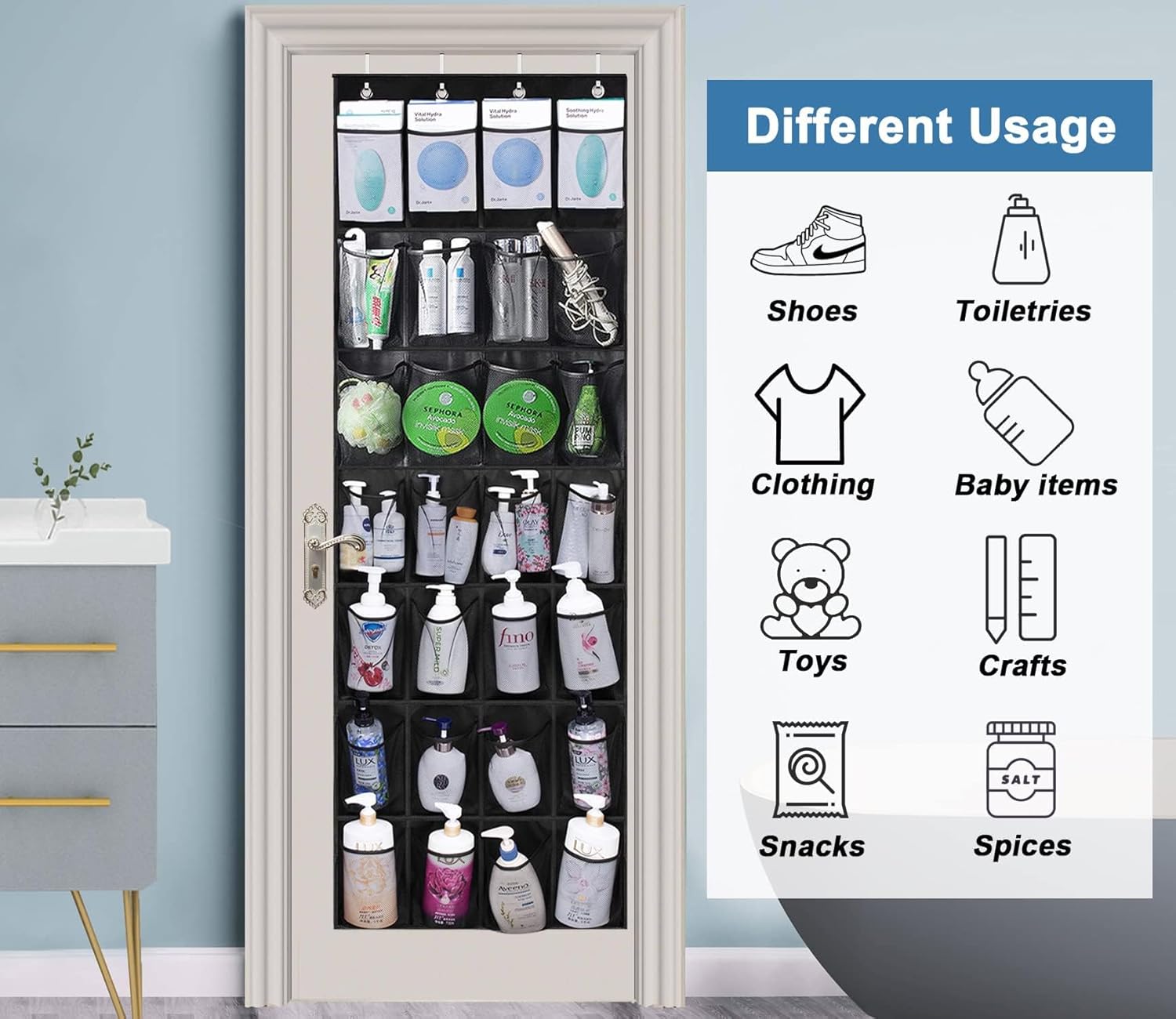 Turquoise Pandion over door shoe storage organizer with 28 pockets hanging on a door for closet organization and shoe storage.