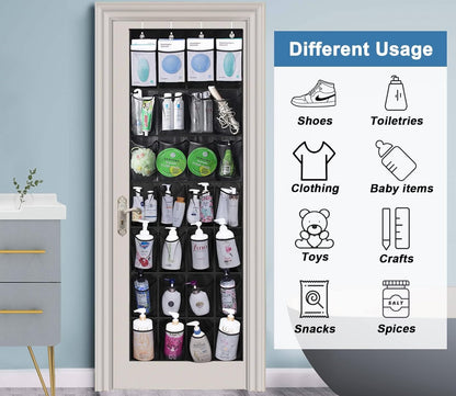 Turquoise Pandion over door shoe storage organizer with 28 pockets hanging on a door for closet organization and shoe storage.