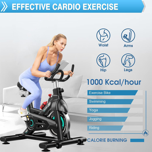 Indoor stationary exercise cycling bike by Lilac Milo for home workouts, featuring a sturdy frame, adjustable seat, and digital display.