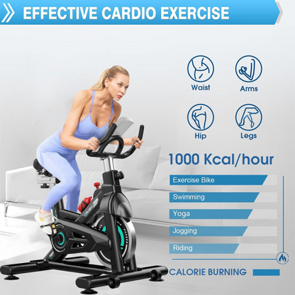 Indoor stationary exercise cycling bike by Lilac Milo for home workouts, featuring a sturdy frame, adjustable seat, and digital display.